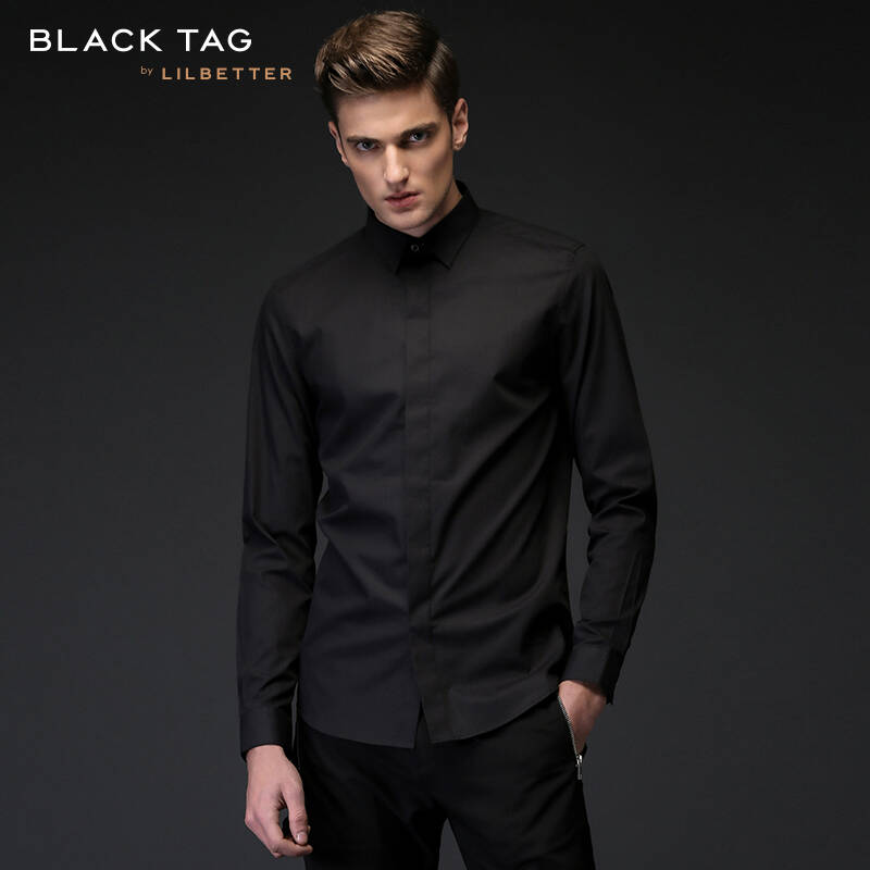 lilbetter黑标男士长袖衬衫 春新品韩版轻商务正装简约黑色衬衣男