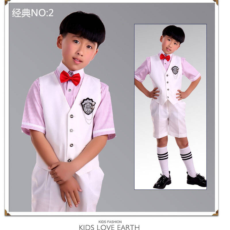 花童礼服 儿童套装 马甲套装 六一演出服 白短袖配黑色马甲短裤套装