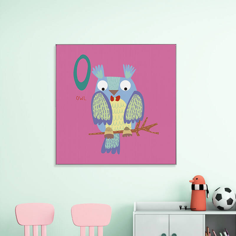 咪卜 儿童房装饰画现代卧室床头挂画墙画卡通动物 猫头鹰-银框 70*70