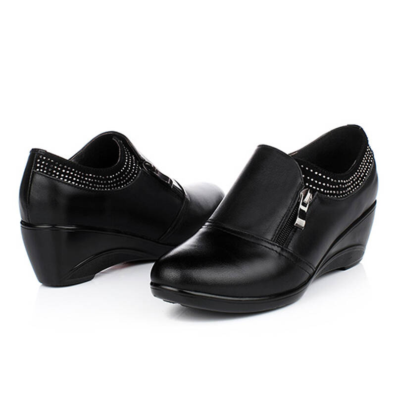 梦莎芭娜 2015新款坡跟真皮深口妈妈鞋中跟水钻窝窝鞋