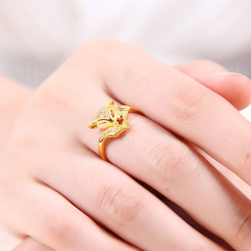 欧弗莱 黄金戒指 女款 足金狐狸戒指圈 活口金戒指女士 送女友送老婆