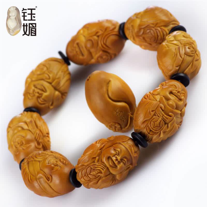 钰媚 橄榄核手串 手工精雕刻八面佛手链 五年老油核 椰壳隔片款