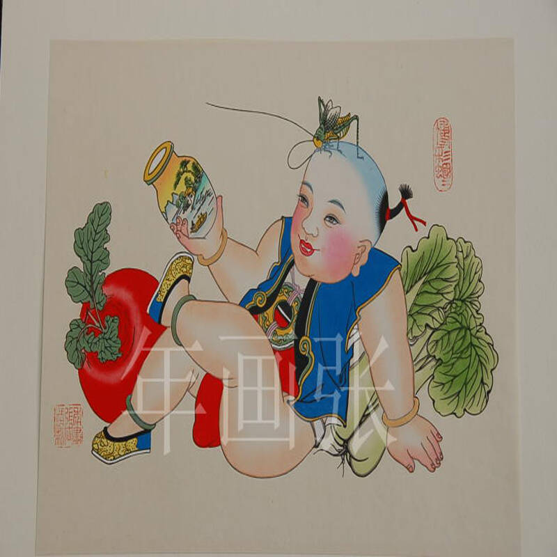 天津杨柳青"年画张"木版手工绘制立轴年画 子鱼卧莲(小立轴长90cm*宽