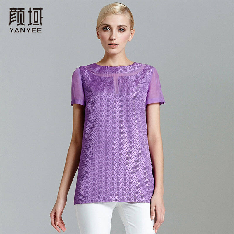 女装2016春夏款短袖宽松女t恤提花上衣雪纺拼接时尚衬衫 70s5305 紫色