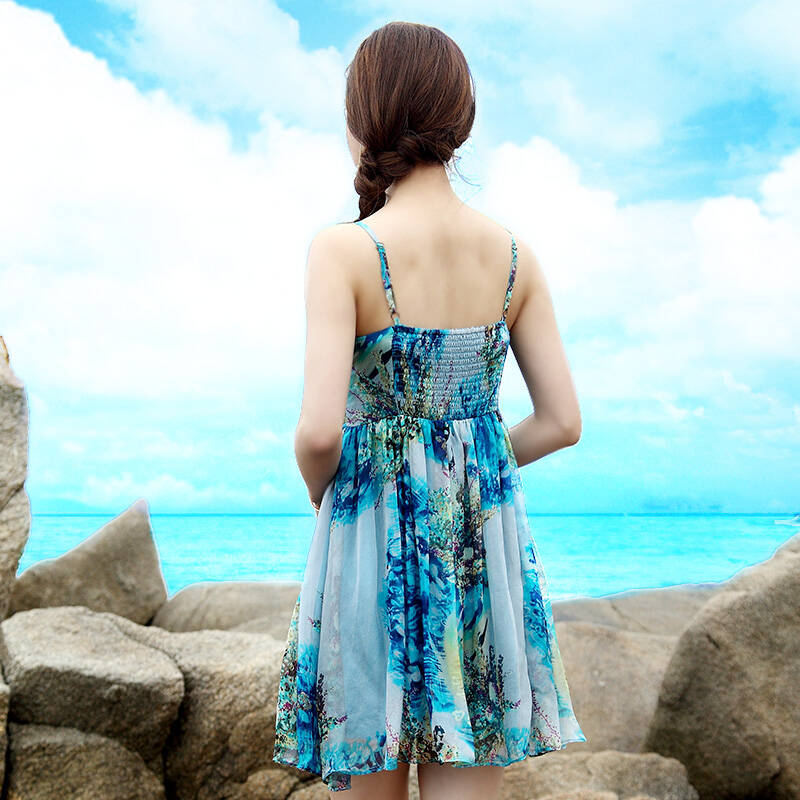 语蒂2015新款真丝连衣裙正品度假海滩短裙波西米亚吊带裙桑蚕丝夏