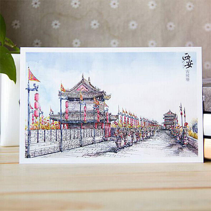 安若素 中国风手绘明信片套装 城市建筑风景手绘明信片贺卡盒装 风光