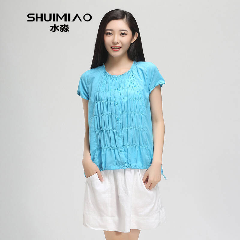 水淼2015夏装新款加大码女装200斤胖mm纯棉短袖t恤女s15xc4866 天蓝
