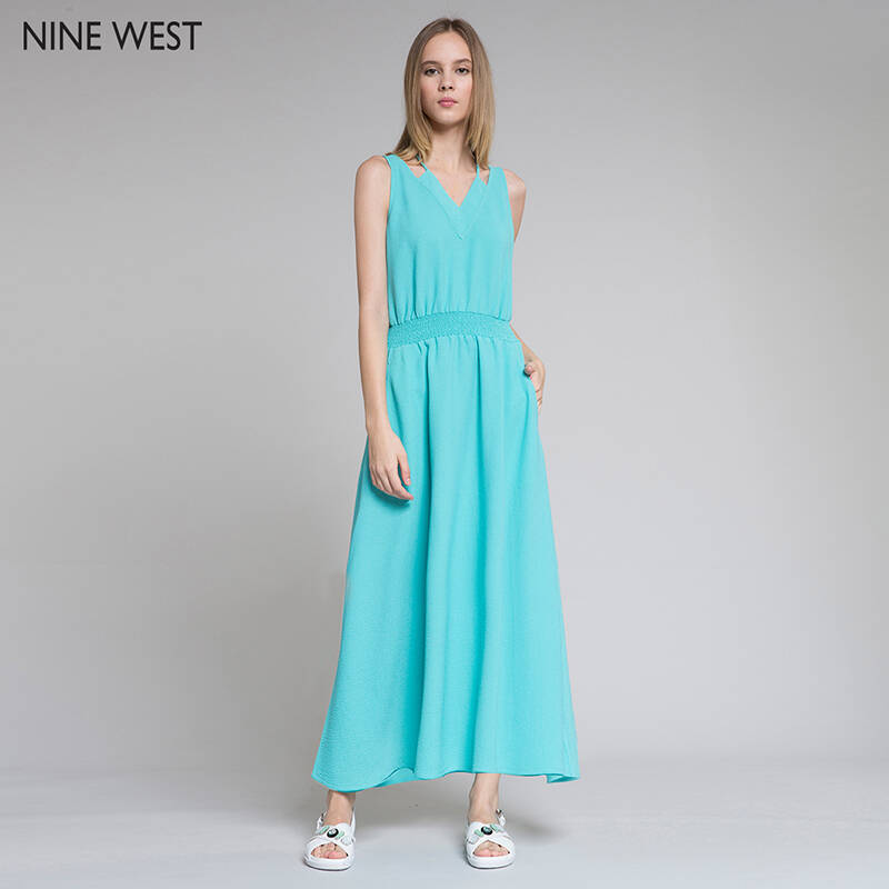 nine west 玖熙女装2015夏季新款正品女装无袖绉纱长款连衣裙