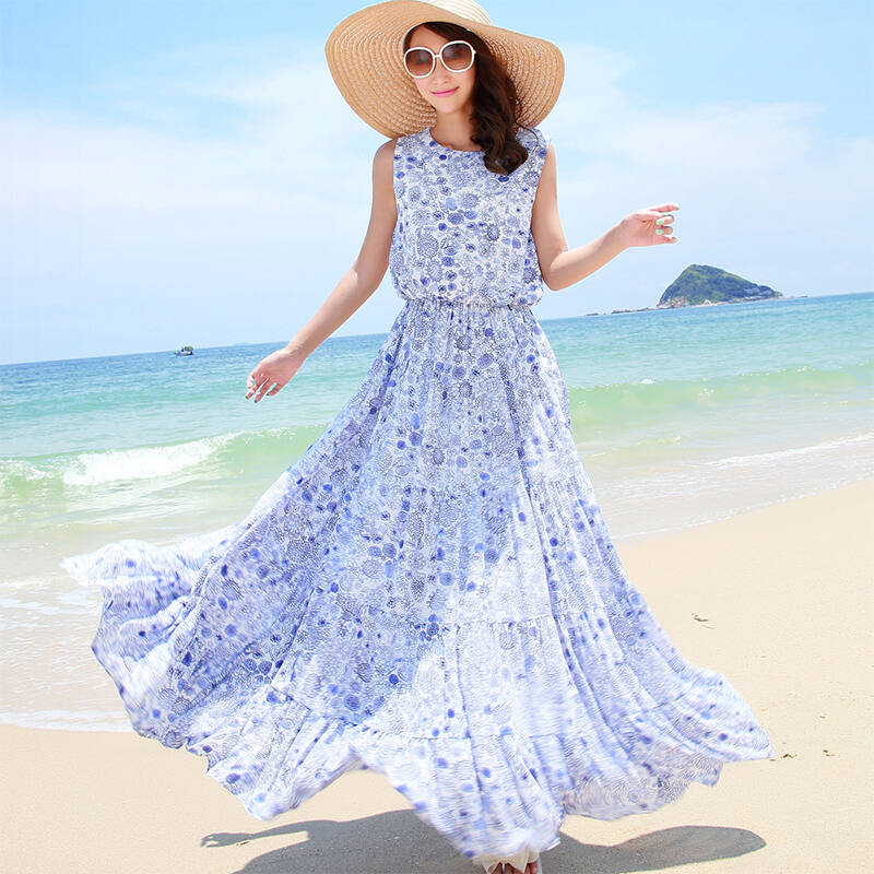 度假天使波西米亚长裙雪纺海边沙滩裙碎花雪纺连衣裙夏季雪纺打底裙