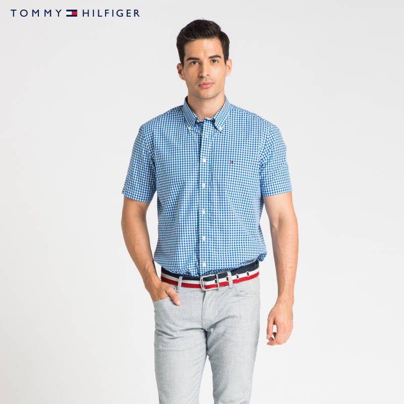 tommy hilfiger 品牌logo短袖衬衫(合身版) | 0887877539ls 532蓝白格