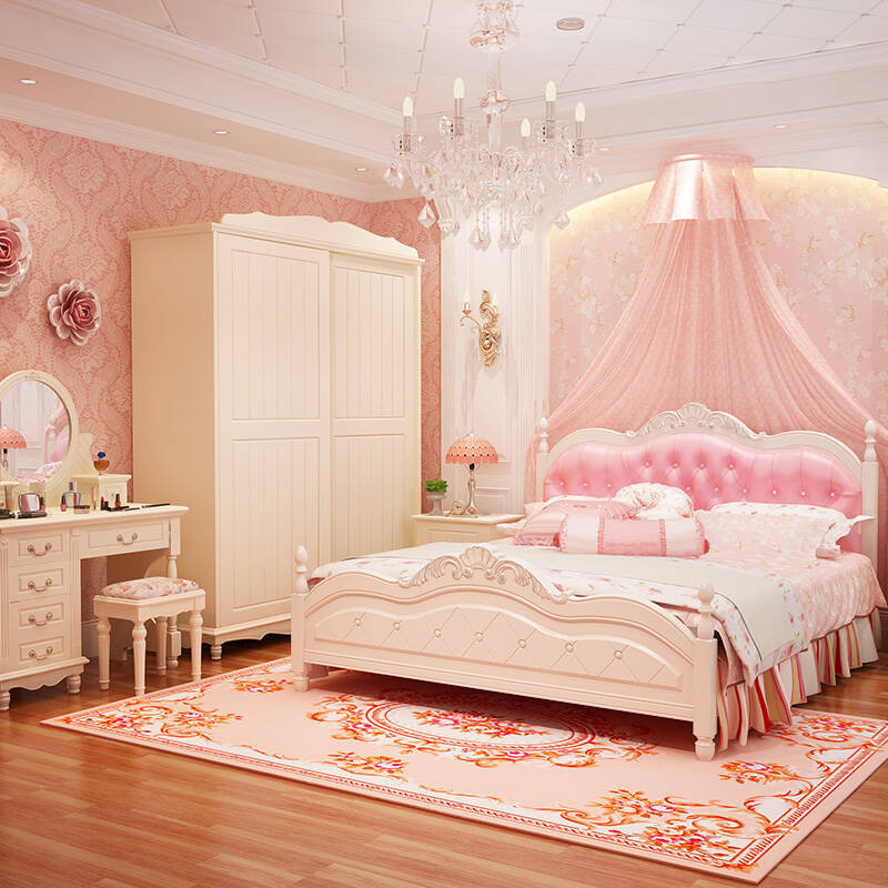 床家具粉色公主床欧式床韩式实木公主床田园卧室成套家具女孩双人床1
