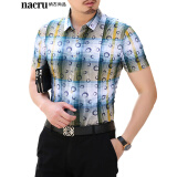 纳古尚品 nacru2016新款男士丝光棉时尚休闲方领短袖衬衫 海边必备花
