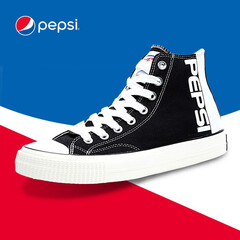 百事(PEPSI)帆布鞋男女情侣高帮2020年夏季新款青年学生百搭男士经典户外女士休闲鞋小白鞋 黑/白 37女