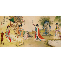 古代四大美女海报装饰画仕女图美容古典壁画客厅书房挂画无框画芯 四大美女横版图 50X100厘米相纸独立无框定制款