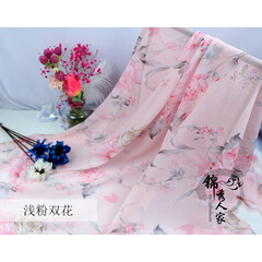 媛莎倪50D印花雪纺布料 古风中国风汉服布料 丝绸丝巾古装裙纱服装面料 浅粉双花 /米