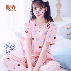 棉绸睡衣女士短袖长裤春夏季套装可爱薄款夏天绵绸秋家居女服两件套暖乔 肉色熊头 XXL(125--145斤)