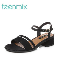 Teenmix/天美意夏专柜同款羊绒皮革简约通勤风女凉鞋6Z202BL8 黑色 36