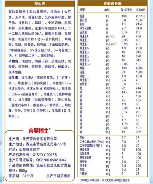 圣元育婴博士婴幼儿配方奶粉特点