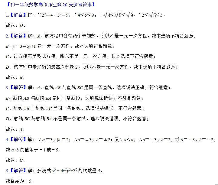 初一年级数学寒假作业第20天参考答案