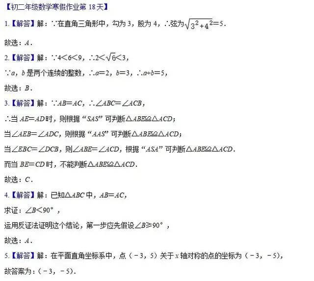 八年级数学寒假作业第18天参考答案