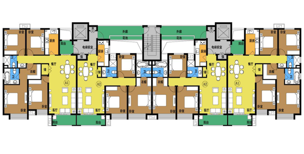 两梯四户蝶形平面图(蝶形两梯四户户型图)