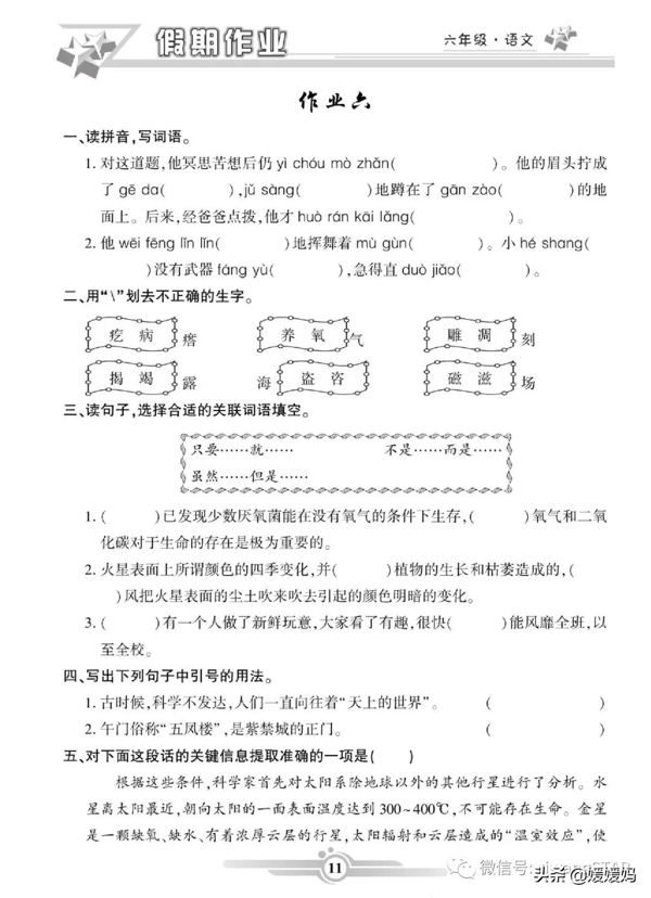 部编版语文六年级（上册）《寒假作业》