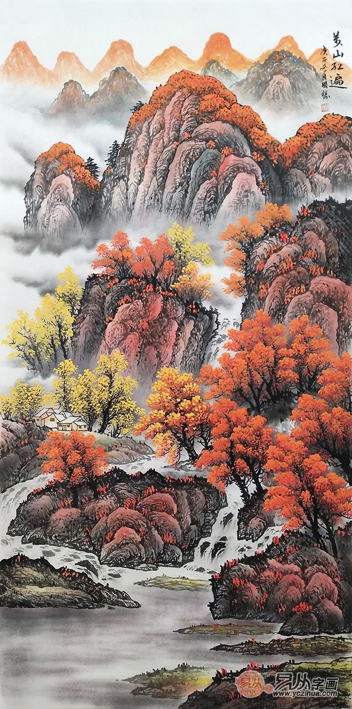 大面积朱砂点染,象征家人的鸿运当头,朱砂着火,满山红叶与秋之金火辉