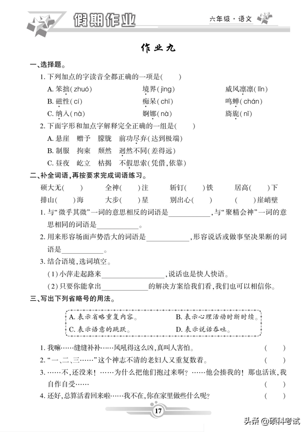 六年级语文寒假作业（上册）42页，知识全面，难度适中，附答案