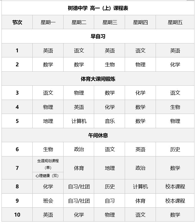 高中课程表安排表