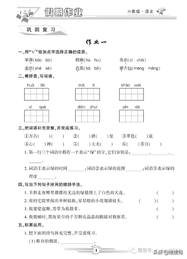 部编版语文六年级（上册）《寒假作业》