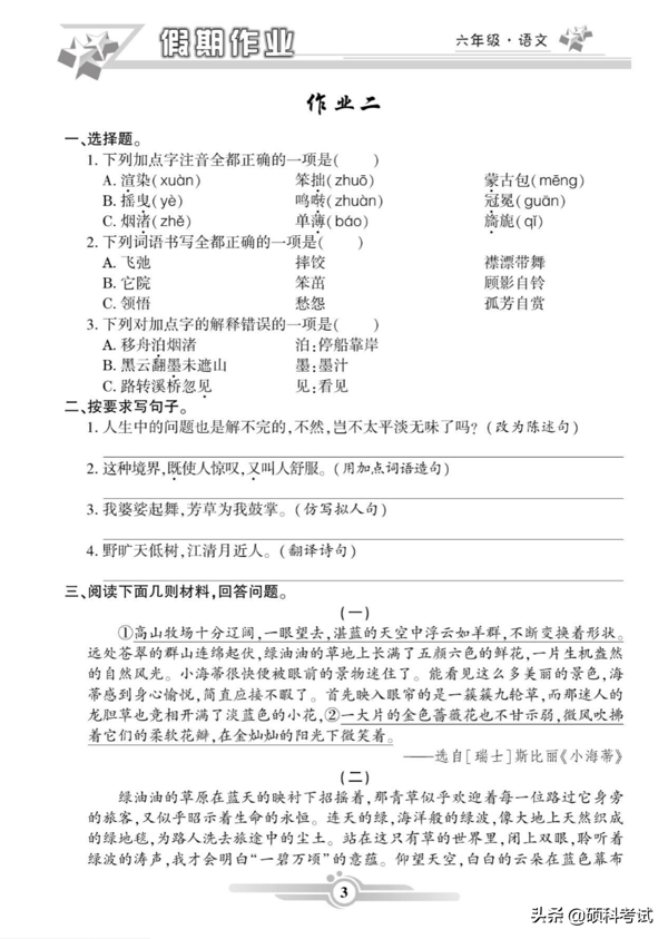 六年级语文寒假作业（上册）42页，知识全面，难度适中，附答案