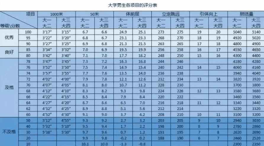 大学生体测标准评分表占比(大学生体质测评标准分数表)