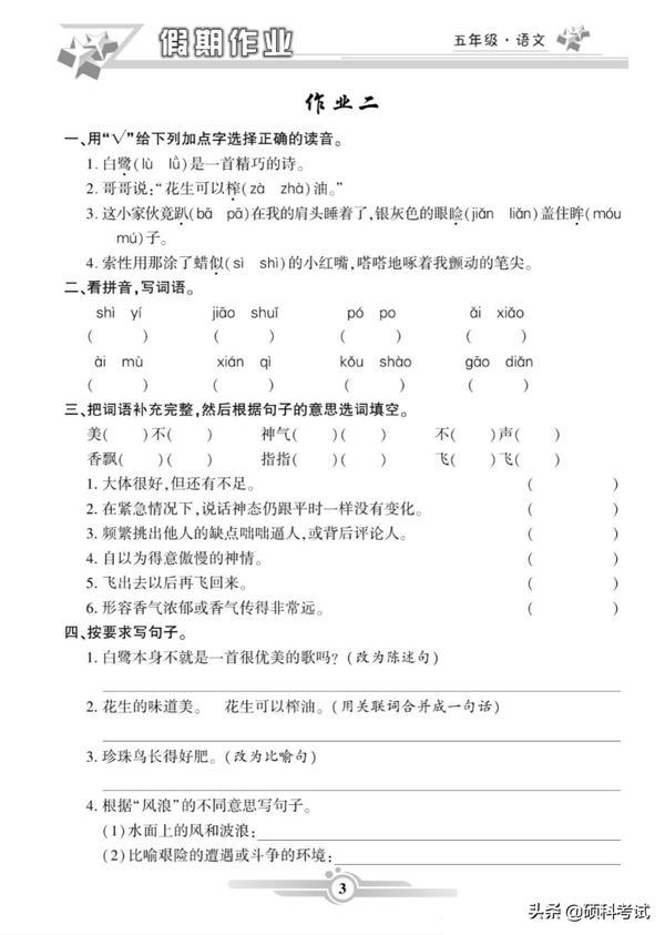 五年级语文寒假作业（上册）42页，知识全面，难度适中，附答案