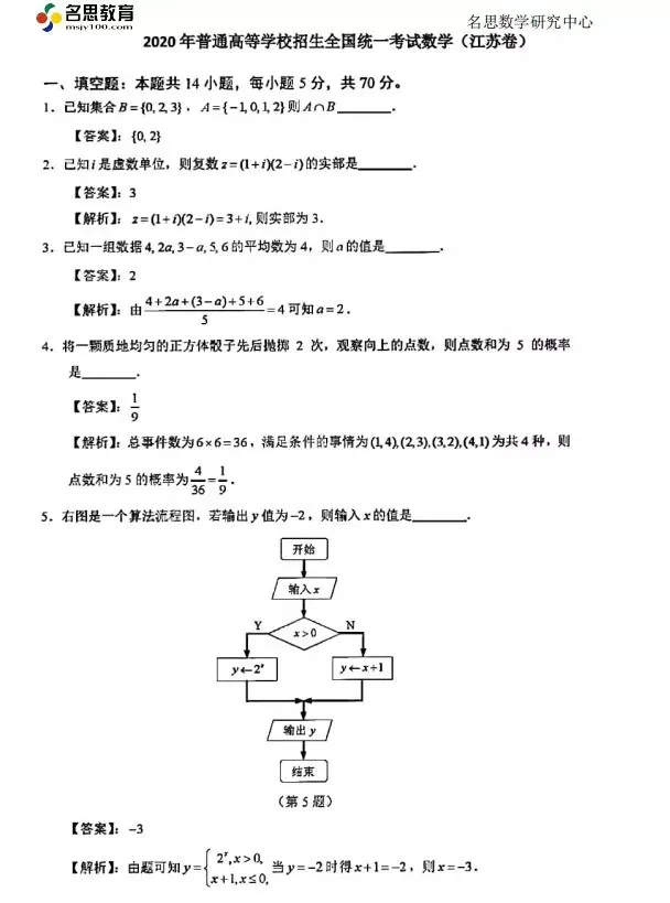 2020江苏高考数学试卷和答案