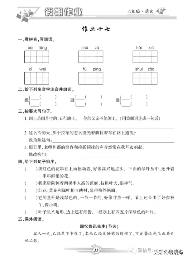 部编版语文六年级（上册）《寒假作业》