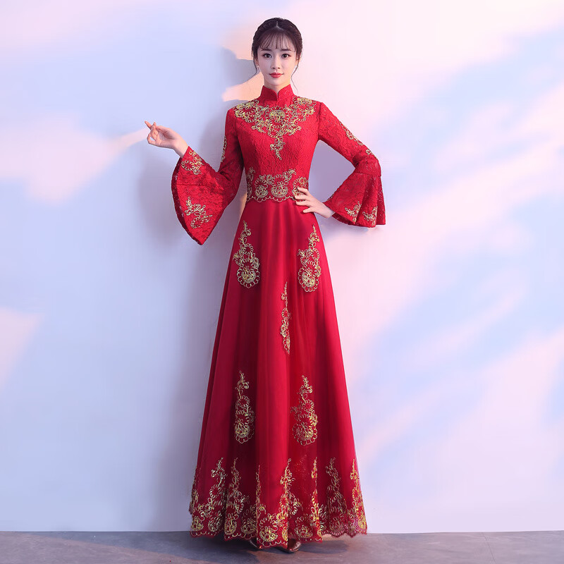 新娘秋冬季2018中式红色结婚新款中国风旗袍长款礼服女回门礼服婚纱