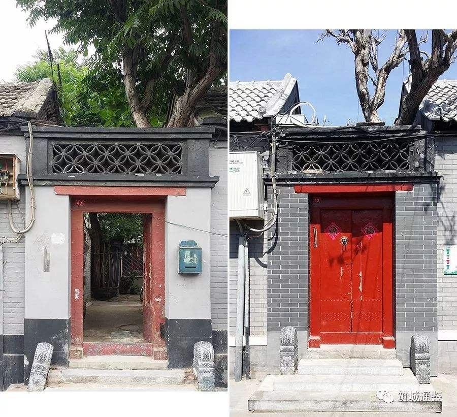 在房屋前檐檐柱上砌墙,在墙上的门洞内安装抱框和大门,门前同样没有