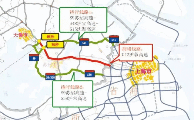 绕行线路1:在g15w常台高速董浜南枢纽转s5常嘉高速,至甪直枢纽转s58沪