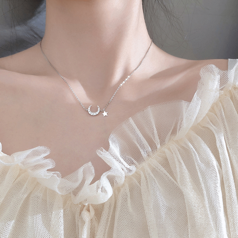 晓色 闪钻月亮星星银项链