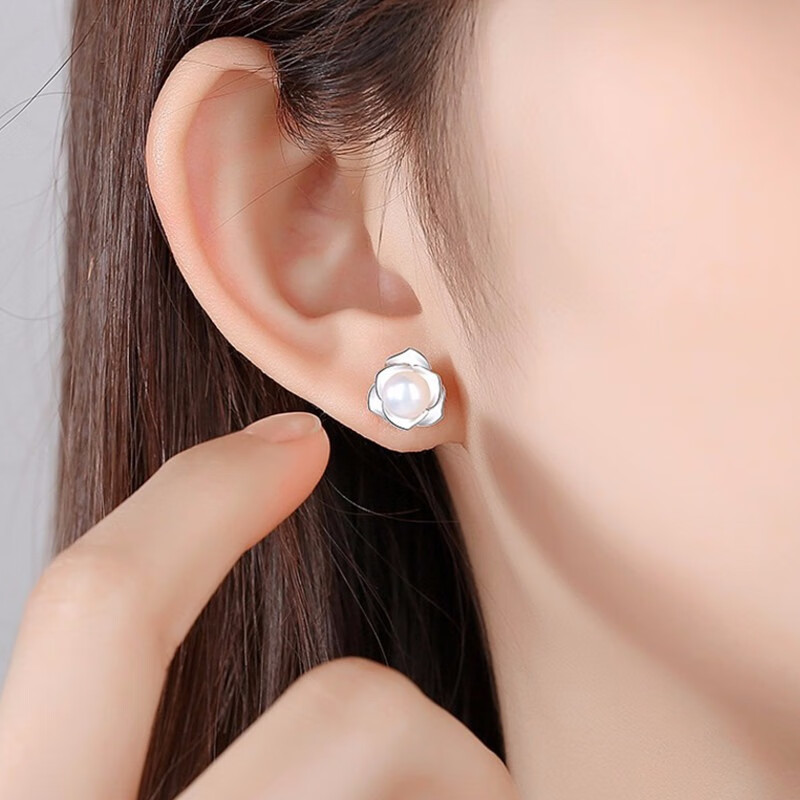 卓麦 玫瑰花纯银珍珠耳钉