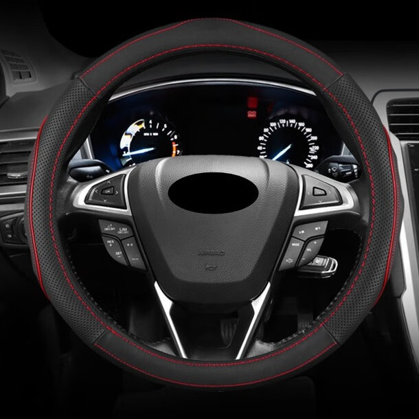 其他 头层牛皮黑色红线方向盘套
