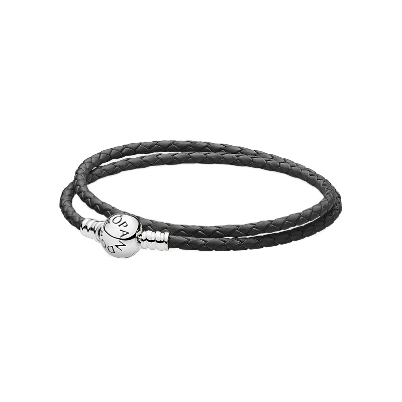 潘多拉黑色双圈编织皮革手链