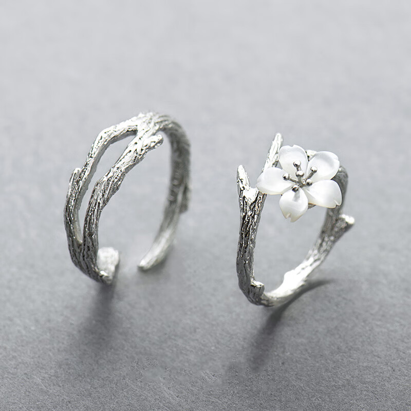 花芽雪樱花手工打磨银饰对戒
