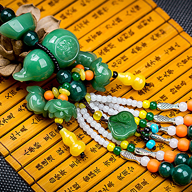 麦尊 绿玉葫芦银藏六鱼汽车挂件