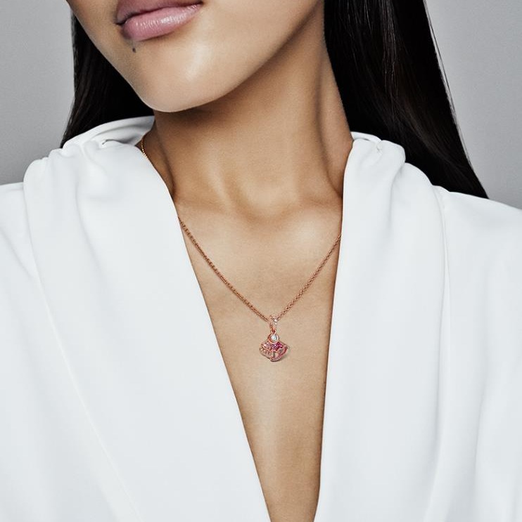 潘多拉 玫瑰金粉扇幻彩项链