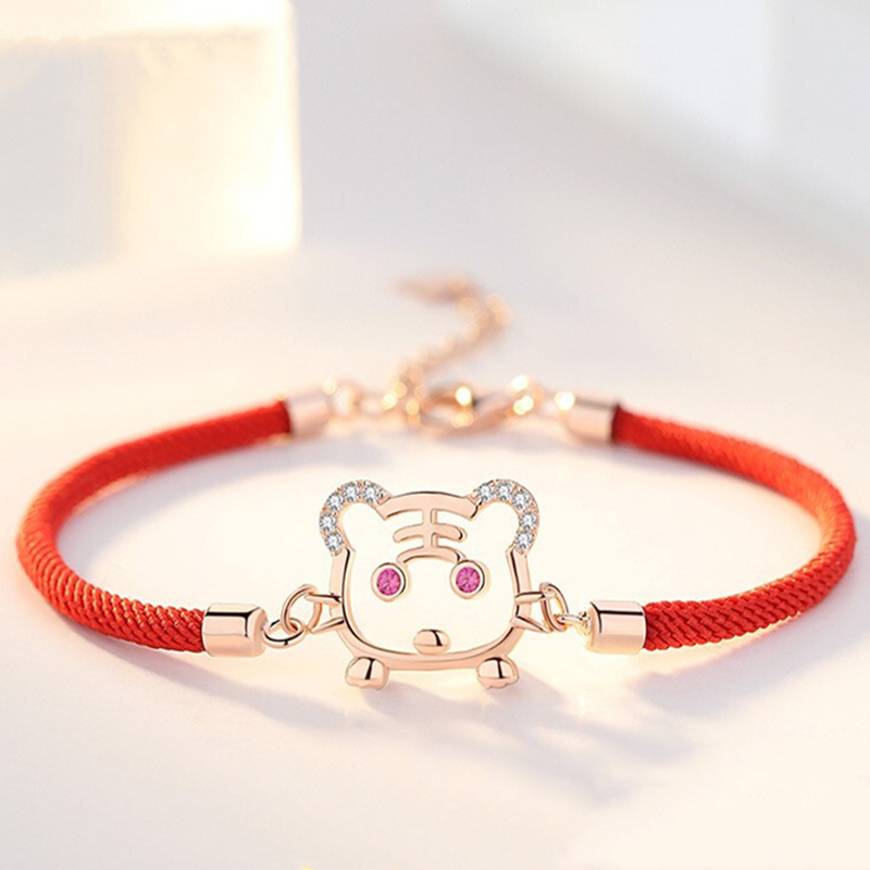 银千惠玫瑰金纯银女款红绳手链