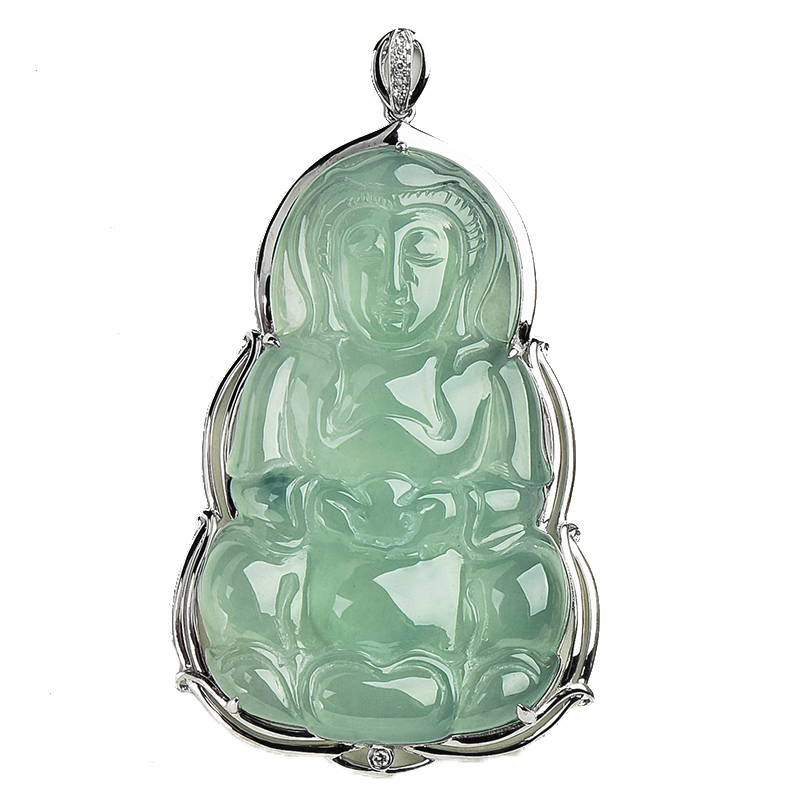 玉萌色 白18K金观音翡翠吊坠