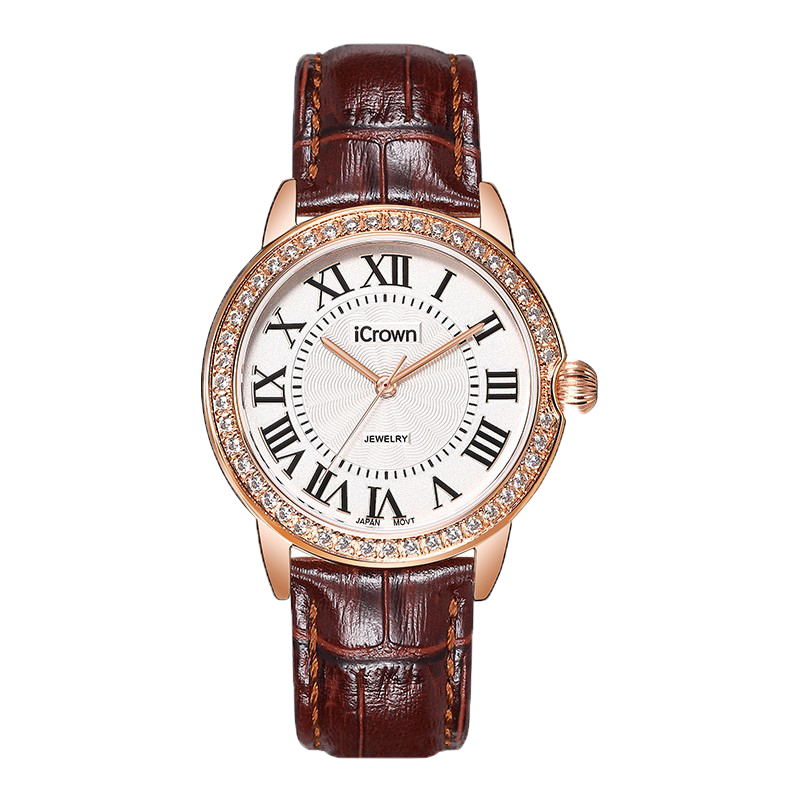 艾克朗 玫金色咖皮女士腕表