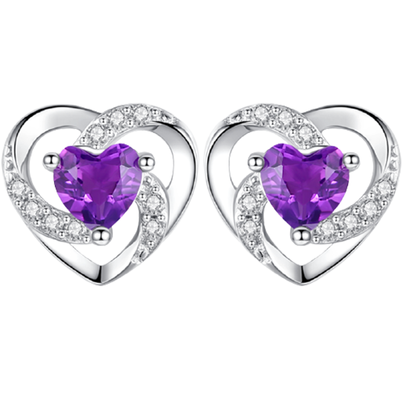 聚福品 天然紫水晶爱心形银耳钉