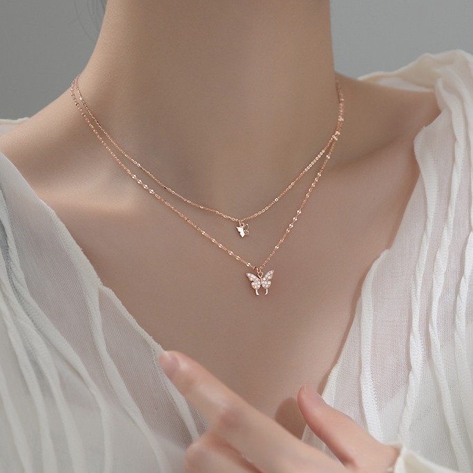 姗珀 双层蝴蝶吊坠项链